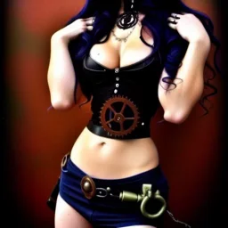 Steampunk, goth, beautiful woman, big bust, 6-pack abs, slim waist, long hair