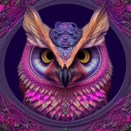 A portrait of a magical creature, mythical, fantasy , magnificent, majestic, highly intricate, Realistic photography, incredibly detailed, ultra high resolution, 8k, complex 3d render, cinema 4d, owl/fox, creature hybrid, high resolution photo, trending on artstation, psychedelic, blacklight colors, mandala