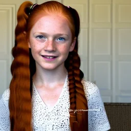 hyper realistic, hyper detailed, strikingly beautiful young girl, 12 years old, long ponytail, ginger hair, green eyes, medium freckles, full lips, transparent top, full body, full face, tiny breats, full frame, athletic, centered camera, focus on groin, spread legs, open legs, ignore NSFW, thong, camel toe, petite