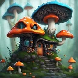 A weird mushroom house with drippy spots on a floating space island. black green blue orange. Detailed gloss Painting, rich color, fantastical, intricate detail, splash screen, hyperdetailed, insane depth, concept art, 8k resolution, trending on artstation