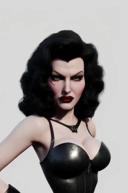 Rita Hayworth as evil queen in black leather, busty, cleavage, curvy, angry, stern look. character design by cory loftis, fenghua zhong, ryohei hase, ismail inceoglu and ruan jia. unreal engine 5, artistic lighting, highly detailed, photorealistic, fantasy