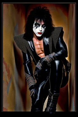 text 'KISS' - head and shoulders portrait, KISS 20-year-old Paul Stanley, black spandex and leather, 8-inch high platform boots, - a multicolored cement wall in the background,