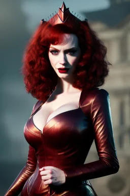 christina hendricks as evil queen in burgundy leather gown , angry, stern look, volumetric lighting, particales,highly detailed,cinematic, deep colours,8