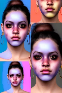 Ultra Realistic image, Rosalía artist, portrait, waist up portrait, black eye line, sweet face, gold pink and blue geisha style, spray line make up, geometric, led lights, neon, rings piercing, led ornament, fog, bubble latex coat, vibrant color, highly detailed, art stations, concept art, smooth, unreal engine 5, god rays, ray tracing, RTX, lumen lighting, ultra detail, volumetric lighting, 3d, finely drawn, high definition, high resolution.