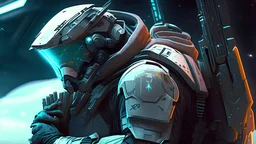 a futuristic space soldier getting ready for battle
