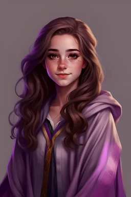 A pretty girl with brown hair and purple eyes and she is wearing a gray Hogwarts robe