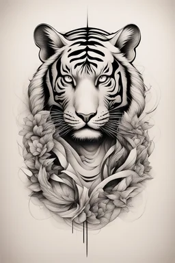 Create a captivating modern 2d ink tattoo design for print , prestigious Divine Tiger using the elegant influences of japan art style, for print, dynamic elements from fashion and design, and bold Japanese contemporary art aesthetics, framing centered in the center, distanced from the edges of the paper perimeter, perfect anatomy, bauhaus, Divine Proportion,