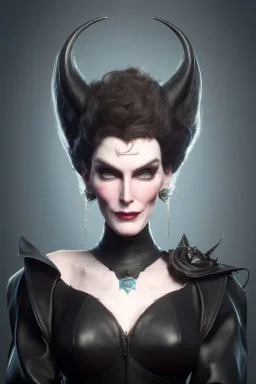 Carmen Dell`orifice as evil queen in black leather, leather, busty, cleavage, angry, stern look. character design by cory loftis, fenghua zhong, ryohei hase, ismail inceoglu and ruan jia. unreal engine 5, artistic lighting, highly detailed, photorealistic, fantasy