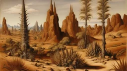 A brown spiky savanna with block shaped rocks painted by Albrecht Durer