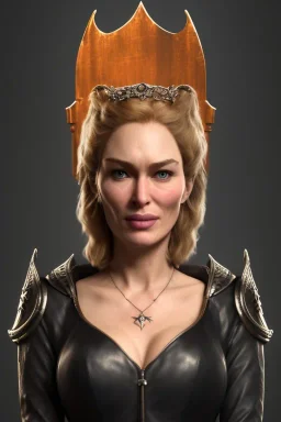 Cersei Lannister as evil queen in black leather, busty, cleavage, curvy, lena headay, angry, stern look. character design by cory loftis, fenghua zhong, ryohei hase, ismail inceoglu and ruan jia. unreal engine 5, artistic lighting, highly detailed, photorealistic, fantasy