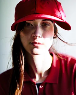 woman with a red baseball hat.