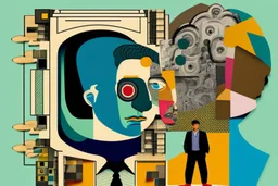 man with head inside a bank maschine in the style of Eileen Agar