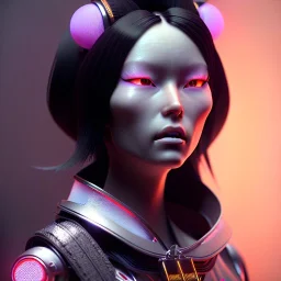 Woman, black hair, ceramic skin, geisha, cyberpunk, neon, highly detailed, art stations, concept art, smooth, unreal engine 5, god rays, ray tracing, RTX, lumen lighting, ultra detail, volumetric lighting, 3d, finely drawn, high definition, high resolution, gradient background