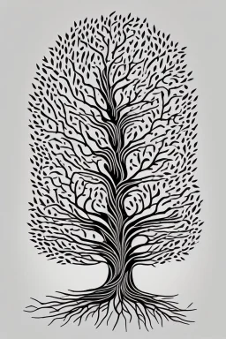"Design a captivating line art representation of a guitar tree for a T-shirt. Picture a tree where the branches and leaves are composed of intricately detailed guitar necks, frets, and strings. Emphasize the connection between music and nature in a stylish, monochromatic design."