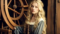 Sharp focus and high resolution closeup of a beautiful and slender caucasian 17 year old teen girl with long wavy platinum blonde hair. She is wearing a medieval peasant dress with a coset. She is seated at a spinning wheel gazing at the viewer. She has a cute nose, detailed full lips, skin texture. Natural lighting and low contrast. Face framed.