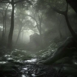 a scary forest with small white eyes coming out of a dark cave