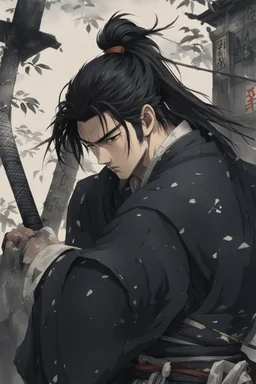 A Young Man who is a Samurai, he has scars, cuts, and marks on his body. His body looks war torn, and he is missing his left arm from his shoulder. He has long black hair and has a stuble for facial hair.