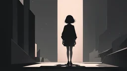 ((masterpiece)), ((best quality)), ((extremely detailed)), ((illustration)), dark minimalist scene, girl standing on the right side, dramatic lighting, high contrast, muted colors, simple geometric shapes, negative space, 8k, --neg ((paintings)), --neg ((rendered)), --neg ((cartoon)), --neg ((anime))