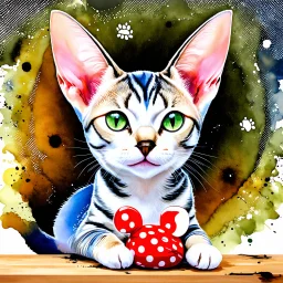 Create an alcohol ink montage portrait of a green eyed, blue and white, with white face and paws, mackeral tabby Oriental shorthair cat with a red polka dotted toy mouse.. Fractal splatter. Earthy tones.