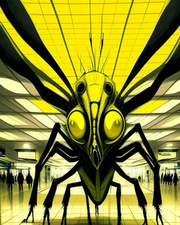 Distorted large yellow insectoid alien black eyes, in a mall, sci-fi art, graphic design, digital illustrated scene, alien art, high strangeness, absurdist, cartoonists