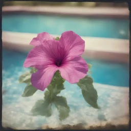 petunia in a swimming pool, old damaged polaroid, sunny day, vivid colors, bokeh effect
