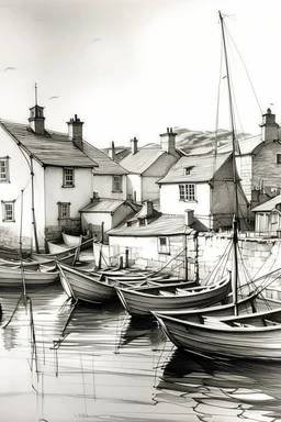 Fine line pencil Sketch of English fishing village in style of john singer sargent
