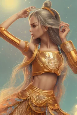 isometric clean art of super beautiful lady, soft lighting, shin hanga high definition, blender 3d, beautiful, long hair, bismuth filigree blonde hair, skin-tight metallic orange and teal cropped top and miniskirt