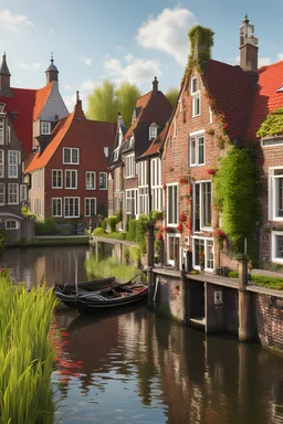 a beautiful Dutch scene in Holland, with gobbled houses with red roofs and canal, frontal view, photo realistic, 8K