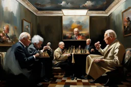 Putin, President Xi Of China And Joe Biden Play Chess With Atomic Bomb Mushroom Cloud,Complex Surgical Instruments Intermixed With A Newborn Boy,Minimalism,Painting By Adrian Ghenie,Rene Magritte,Pablo Picasso,Michelangelo,Salvador Dali,Lucian Freud