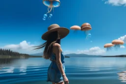 woman standing next to a lake, flying mushrooms with jellyfish tenacles in a blue sky