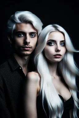 A beautiful young woman with white hair and blue eyes, her arms pinned above her head by a man with very long black hair.