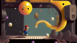 super mario running at the observer in a level detailing the creatures found on other worlds, retrofuturistic, phototrealism, Macabre Rapture End of days Revelation scene, isanely detailed matte oil painting, sinner apotheosis,diagonal composition, unbalanced, abstract surreal horror, eerie, scary warm a colorful splash of steampunk bubbles , amazing splashscreen artwork, photoshop water art, liquid painting, swirling paint colors, ink splash,