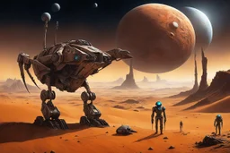 Dune Aesthetic, sci fi dramatic scene, a colossal Spice resource harvester bot with one drill arm and one pincher arm surveys a rocky alien desert planet surveying for mineral resources, grand, expansive, intricate detail, by Brian Despain and Anton Semenov, detailed full color photography, comet streaking, ringed planets in distance