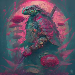 turtle samurai, iridescent, blood, futuristic, guts, wildflower, cosmic, intricate, darkred tones,sidhe, ominous, nature, plants,