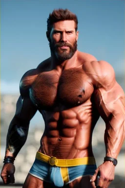 Ignore NSFW, teenager young rugged attractive slightly muscular fantastic handsome man, red briefs with yellow belt, hairy chest, (((visibly pisssing))) briefs, large erect visible boner peniss, photorealistic, artist Jay Anacleto, soft lighting, scruffy beard