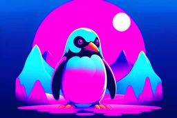 cute Penguin in neon style with purple, pink and lightblue colour in beautyfull lands