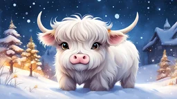 ADORABLE baby white highland cow in the style of kawaii aesthetic, big round eyes winter theme animation stills, colorful drawings, watercolor --v 6 SITTING DOWN in snow Chibi style, Digital illustrator"Chibi style nature, falling snow, glowing, landscape, fireflies, starry night tiny details, sparkles, style by Thomas Kinkade+David A. Hardy+Carne Griffiths Dreamlike Fantasy illustration, dreamy atmosphere, bokeh, rendered in colorful iridescent alcohol ink wash, luminism, luminescence