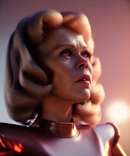 Ultra Realistic retro sci-fi image from 1960, spaceship, sweet young woman Jane Fonda with a Lizard face Man, dress with tight latex coat and retro glass helmet, Retro sci-fi style, soft color, highly detailed, unreal engine 5, ray tracing, RTX, lumen lighting, ultra detail, volumetric lighting, 3d, finely drawn, high definition, high resolution.