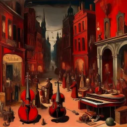 A dark red city filled with instruments painted by Edgar Degas