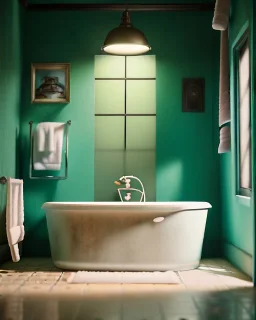 Bathroom scene, big hair monster into bath, Wes Anderson style, realistic photo, realistic image, concept art, smooth, unreal engine 5, god lights, ray tracing, RTX, lumen lighting, ultra detail, volumetric lighting, 3d.