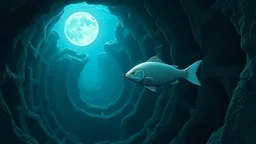 A lone, wise, and watchful fish swims through the winding, labyrinthine corridors of an ancient, mysterious sea, its scales shimmering with an ethereal glow as it navigates the treacherous, underwater maze, illuminated only by the soft, blue light of a distant, full moon.