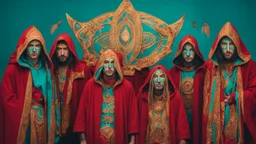 Five people with an average age of 30-40, wearing red and gold hooded cloaks with intricate designs, tribal markings face paint and a third eye symbol on their foreheads, standing in front of a teal background