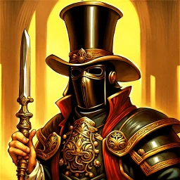 90's fantasy tcg art of a top hat man with a metal mask