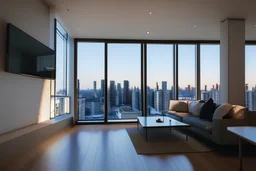 realistic apartment, luxury, tokyo, furnished living room, homey, windows on 2 walls with a view, 4k