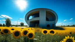 A modern concrete building with a large circular window stands amidst a field of sunflowers under a blue sky. The painting style gives the scene a vibrant, textured look.
