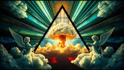 a nuclear explosion cloud(middle) framed from behind by a triangle of stained glass surrounded by radiant lines from the center, the wind and smoke from the explosion forming shapes of dancing women with small angel wings(left and right foreground) like cherubs in the clouds, religiose art