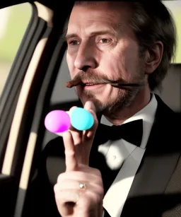 Ultra realistic back seat of limousine image, wide angle view, homeless men and woman, Wes Anderson style, feather color clothing, hair, many jelly beans, balls, smoke, smile, happy, extreme, soft color, highly detailed, unreal engine 5, ray tracing, RTX, lumen lighting, ultra detail, volumetric lighting, 3d, finely drawn, high definition, high resolution.