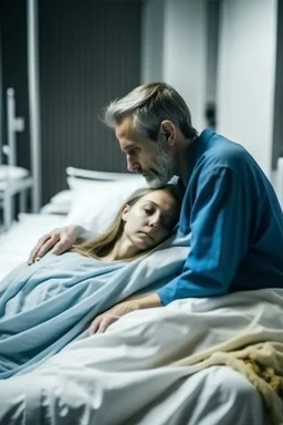 dying man in the hospital. woman hugging his dead body