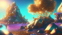 gold crystal cosmic and galactic ambiance hill sky sea ocean space galaxy rocks sunny trees pools surreal, full of details, smooth, bright sunshine，soft light atmosphere, light effect，vaporwave colorful, concept art, smooth, extremely sharp detail, finely tuned detail, ultra high definition, 8 k, unreal engine 5, ultra sharp focus