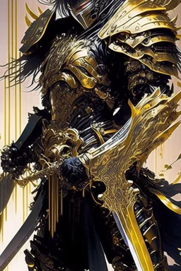 a person with a sword in their hand, very beautiful cyberpunk samurai, shirow masamune, black and golden armor, anime fantasy artwork, bio - mechanical ninja samurai, cyberpunk samurai, masamune, intricate assasin mecha armor, demon samurai warrior, light gold armor, ghostblade, lacquered armor, black and gold armor, demon samurai